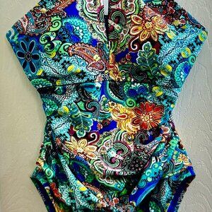NWOT WOMANS BATHING SUIT BLEU ROD BEATTIE ONE PIECE COLORFUL PRINT SZ 10